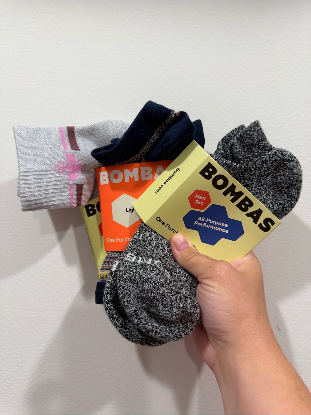 Bombas Men’s Crew Socks - Navy, Gray, Light Gray with Pink Accent